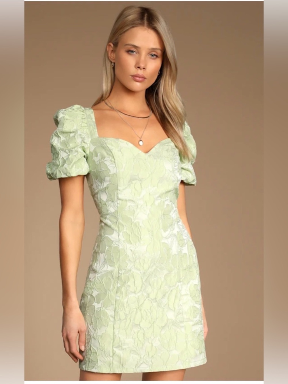 Lulu's Pale Green Puff Sleeve Sweetheart Mini Dress